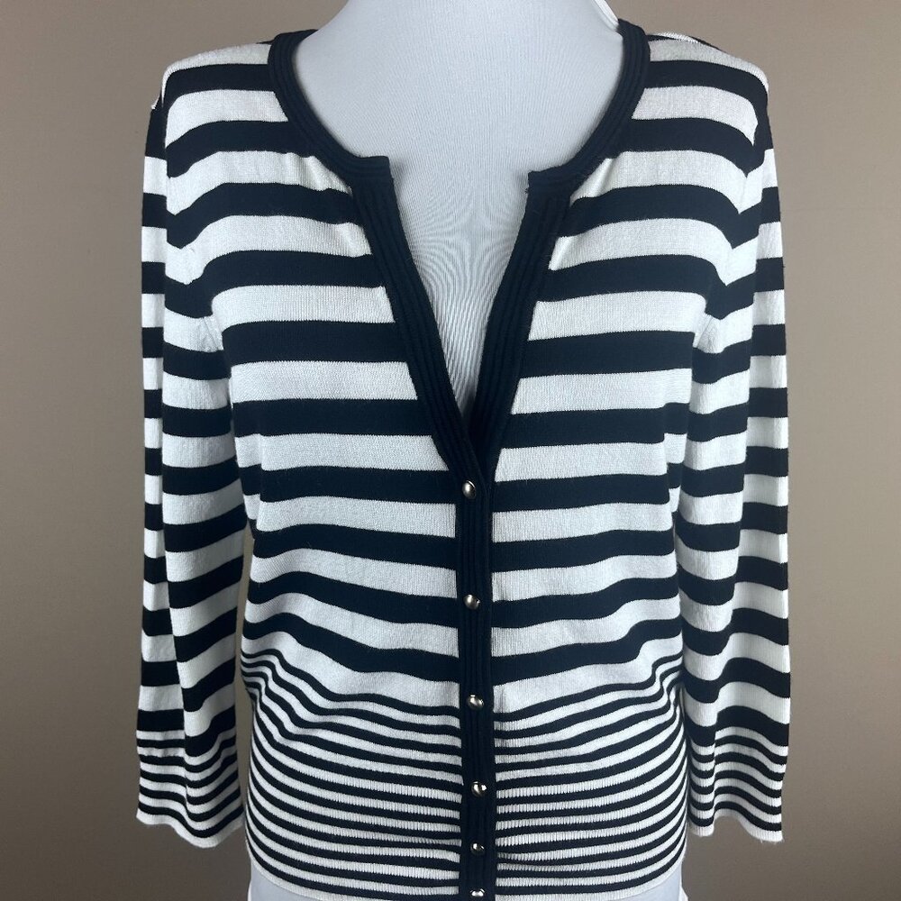 WHBM 3/4 Sleeve Cardigan Sweater Size M Black White, Variable Width Stripes